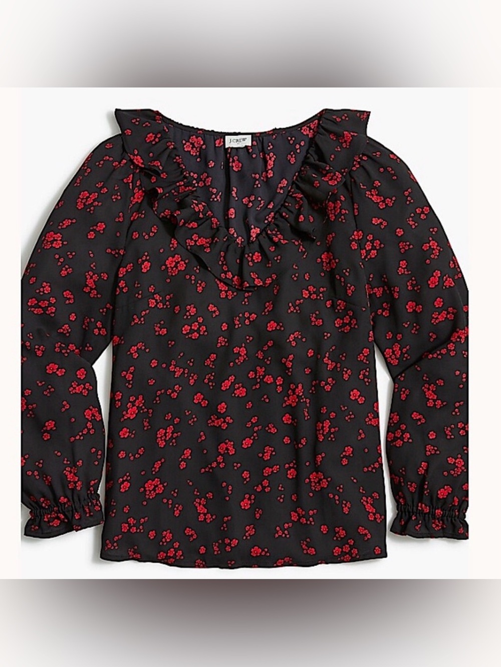 J. Crew Black and Red Floral V-Neck Ruffle Blouse Long Sleeve Shirt Size XXL NWT